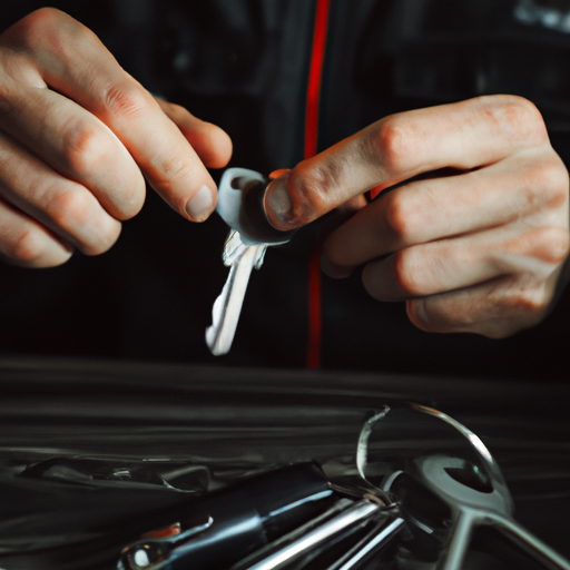 תמונה של מנעולן מקצועי בעבודתו, מחזיק סט מפתחות וכלי פריצת מנעולים.